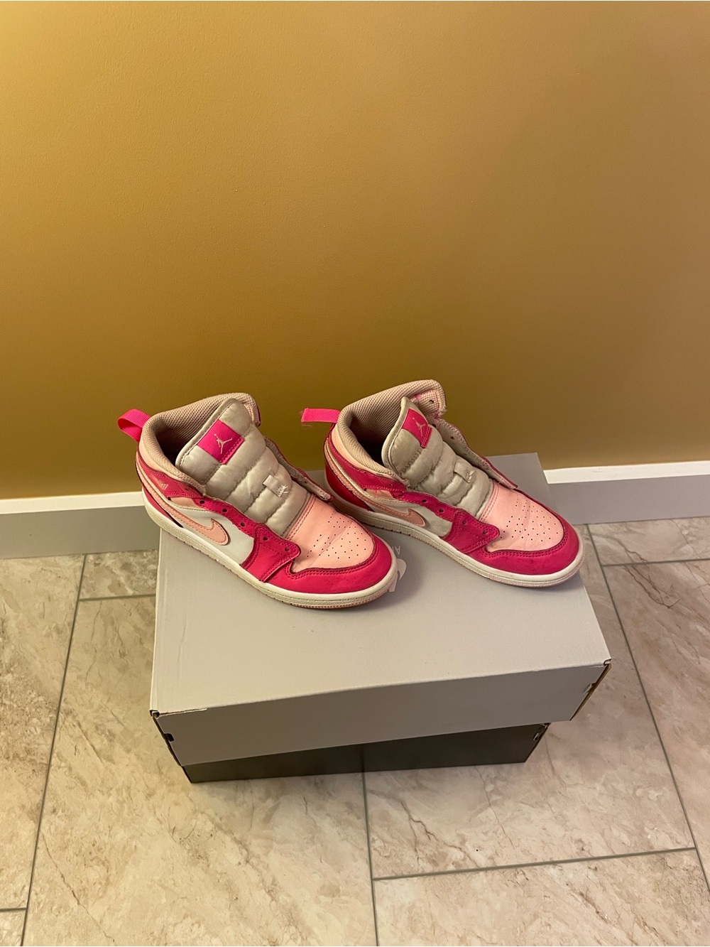 Kids Hot Pink & White High-Top Jordan Sneakers. Youth - Picture 3 of 4